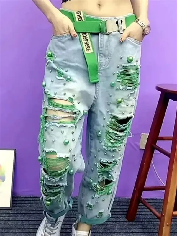 summer-women's-fashion-beaded-holes-loose-jeans-high-waist-ladies-casual-comfortable-denim-pants-for-warm-weather