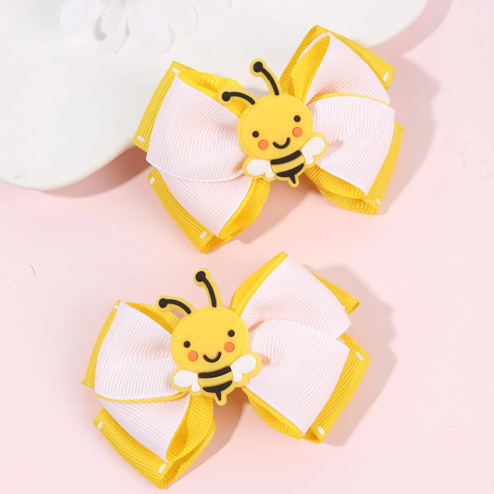 2Pcs Cartoon Bee Hairpin Elegant Ribbon Bowknot Hair Clips Kids Back To School Hair Accessories Girls Barrettes Headwear