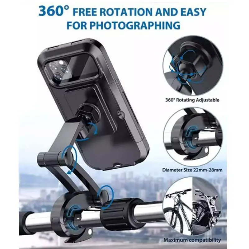 Bike Phone Mount, Waterproof Cell Phone Holder for Bicycles & Motorcycles, 360° Rotation for Vertical & Horizontal View During