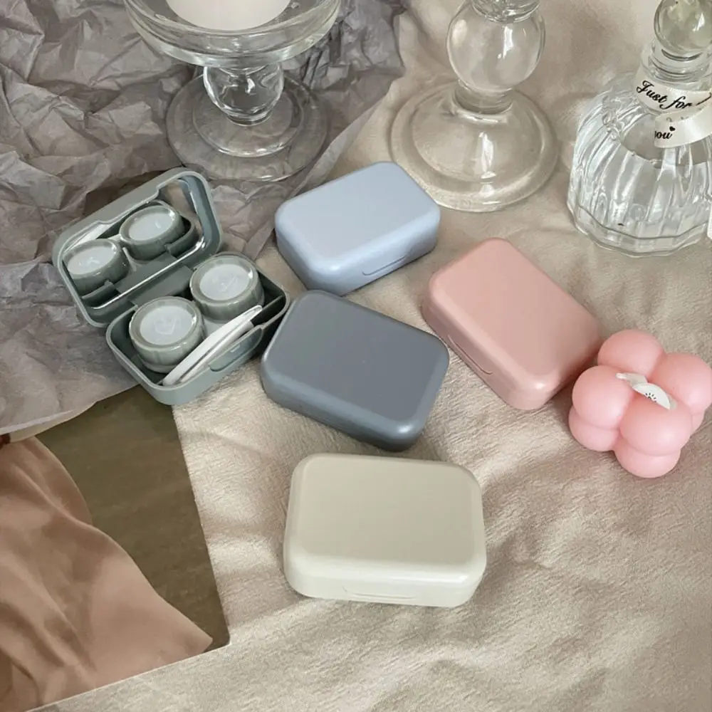 Macaron Color Contact Lens Case Kit Mini Square with Mirror Contact Lens Inserter Solid Color with Tweezers and Suction Stick