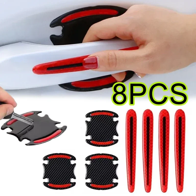 4/8PCS Door Bumper Stickers 3D Carbon Fibre Door Handle Film Scratch-Resistant Safety Reflective Strips Automotive Accessories