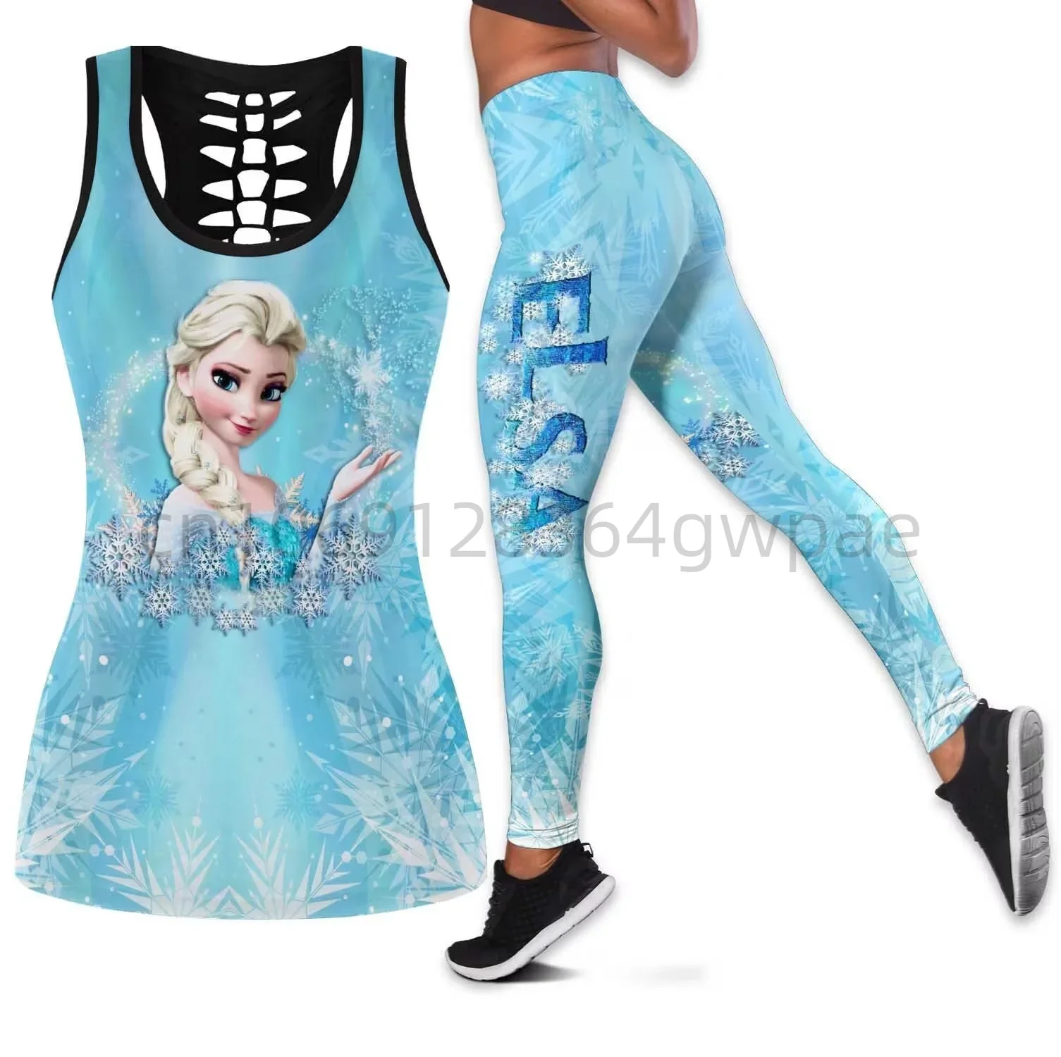 Gefrorene Elsa Prinzessin Frauen Ausschnitt Tank Top Leggings Yoga Set Fitness Leggings Trainings anzug Disney Hohl Tank Top Leggings Set