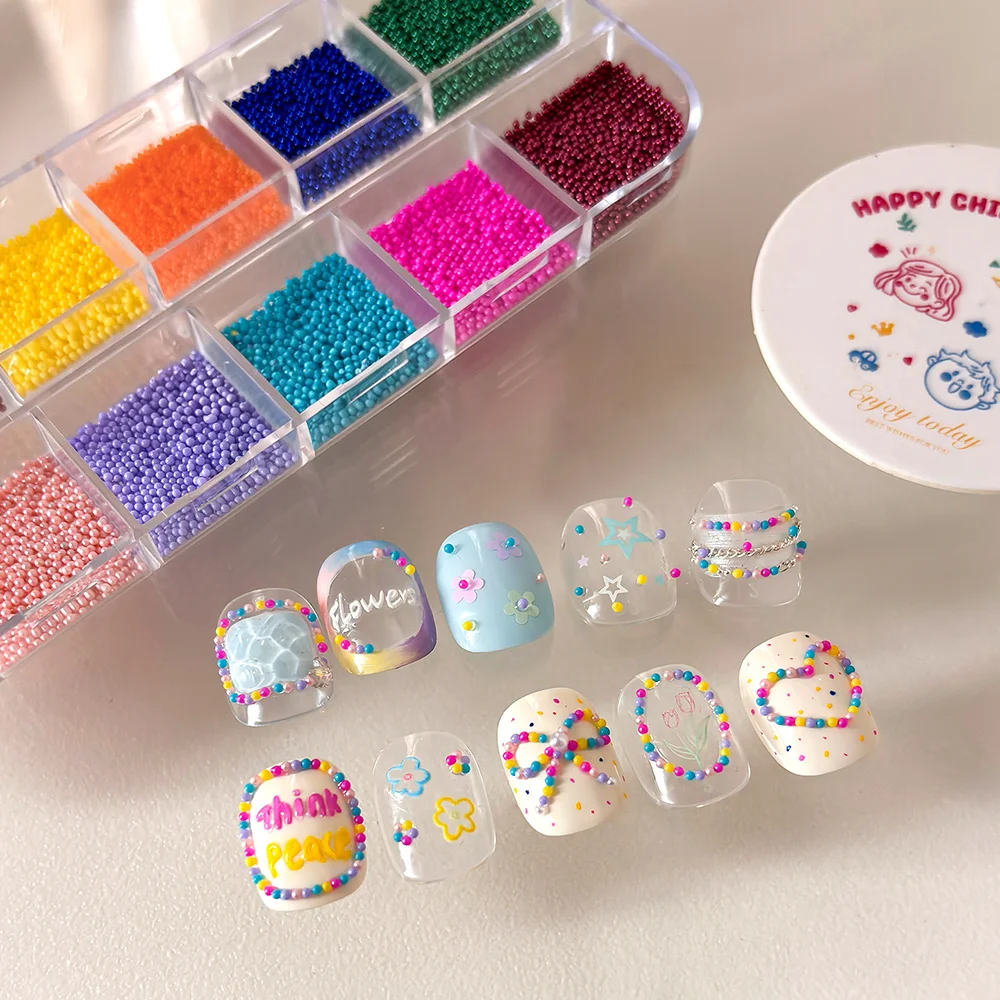 12 Grids/Box 3D Mini Beads Nail Art Charms Colorful Micro Bead Rhinestones Caviar Beads for Nails Decoration Manicure Supplies
