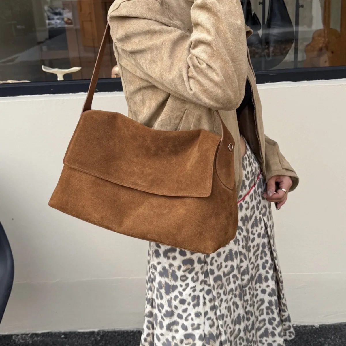 Women's Vintage Suede Cowhide Flap Shoulder Tote Bag Luxury Designer Brand Ladies Large Capacity Underarm Handbag High Quality