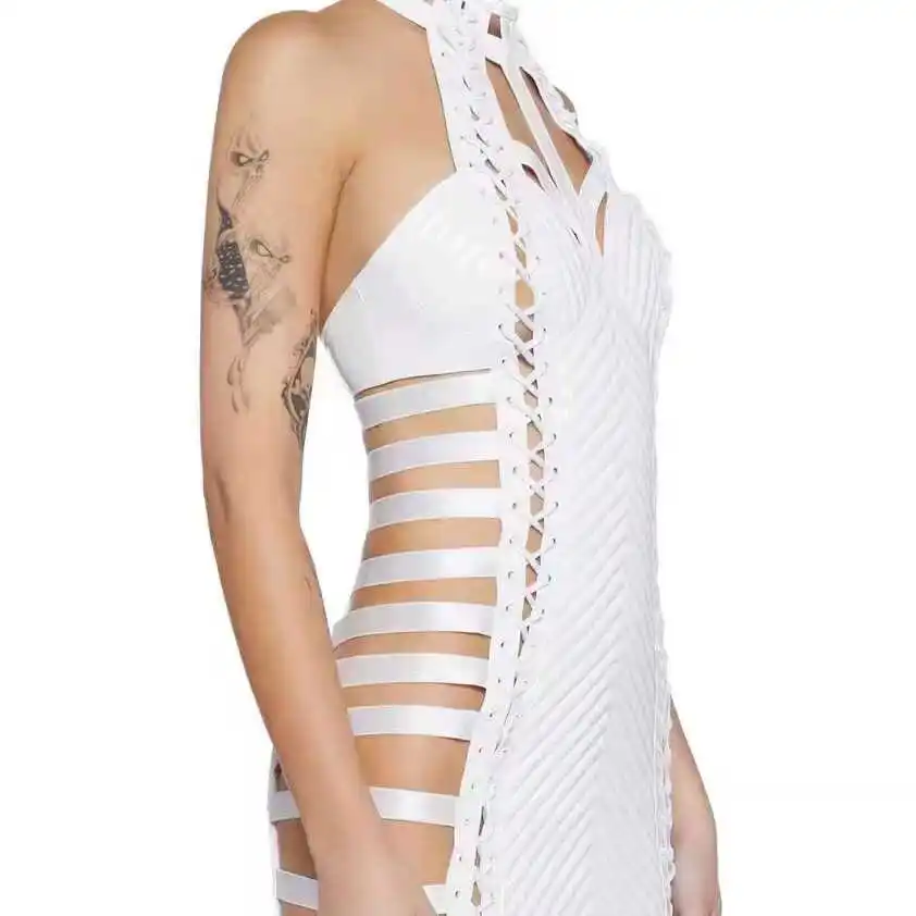 Saia de couro estilo gótico para meninas, alça oca, saia picante, lingwen, pescoço pendurado, saia curta para festival de música, comércio exterior, nova