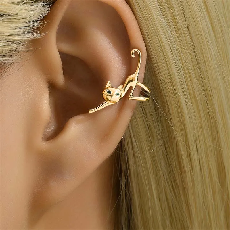 1 pc Retro Cute Cat Ear Clips For Women Green Eyes Creative Funny Kitten Clip On Earring Without Piercing Ear Cuff Charm Jewelry