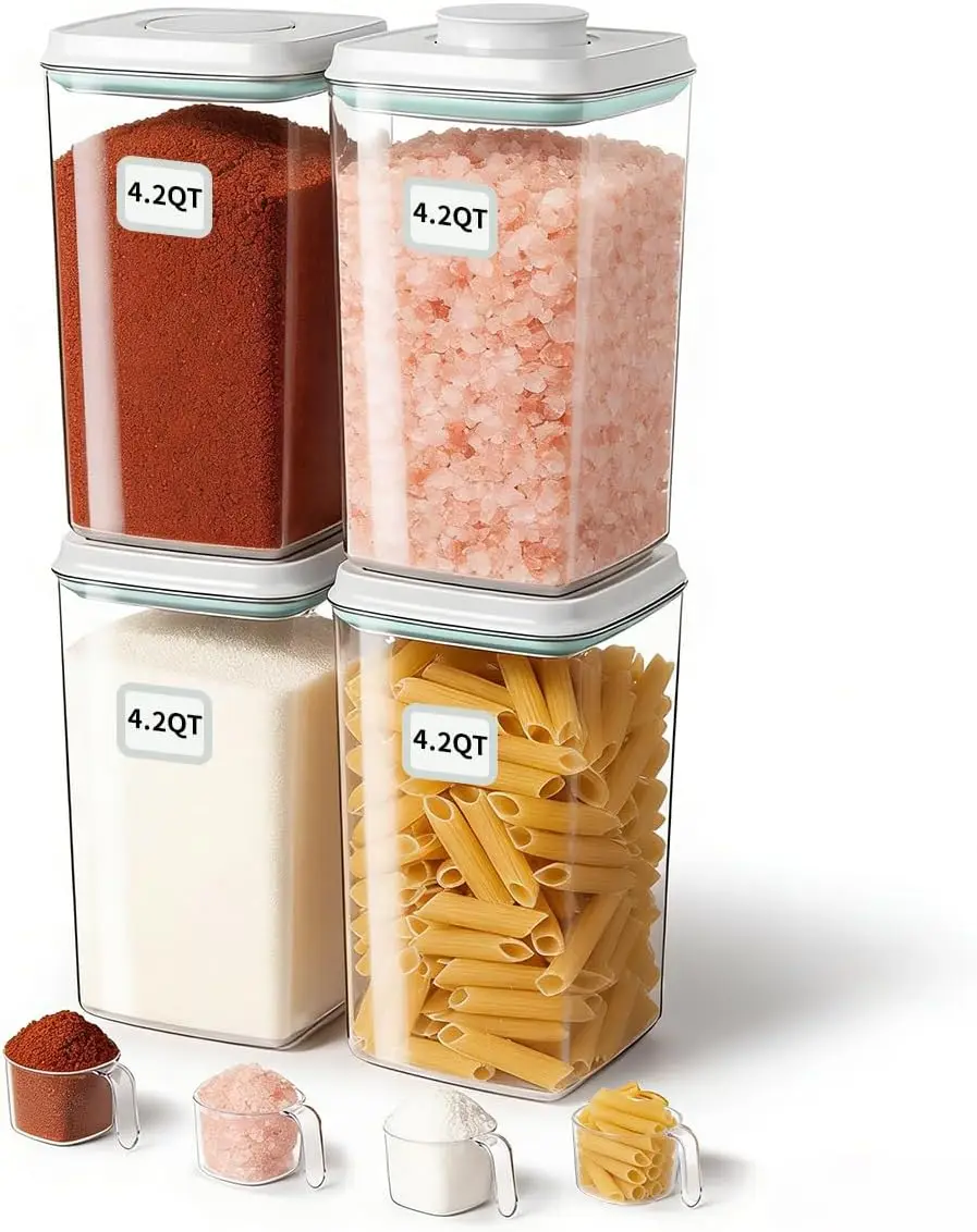 

Airtight Food Storage Containers Set, 4-Pack 4.22QT Stackable PET for Kitchen Pantry Organization