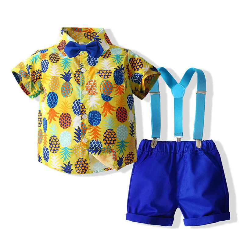 

Summer Baby Boys Clothes Set Boys Short Sleeve Bow Print Shirt Tops+Suspenders Shorts 2Pcs Gentleman Suit Kids Boys Clothing