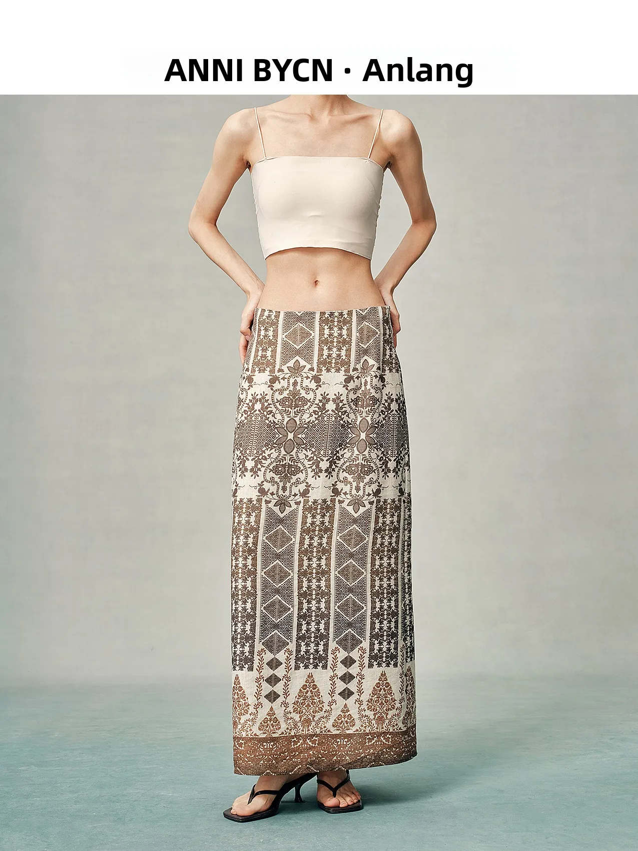 Annibycn Women's Half-length Skirt Summer Vacation Style Slimming Straight-cut  Print Wrap-around High-waist Skirt
