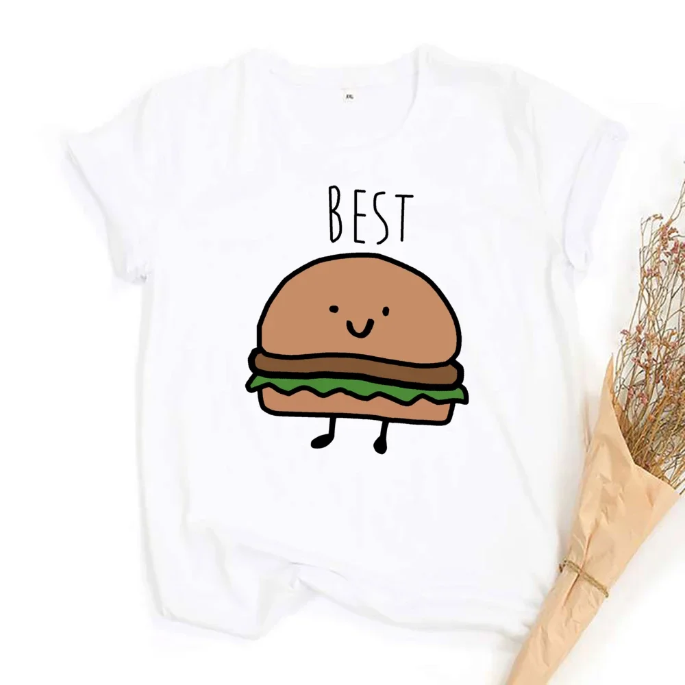Funny Design Best Friend Matching T-Shirt BFF Women Fast Food Tee Shirt for Femme Tops Tees Hamburger and Fries Free Shipping