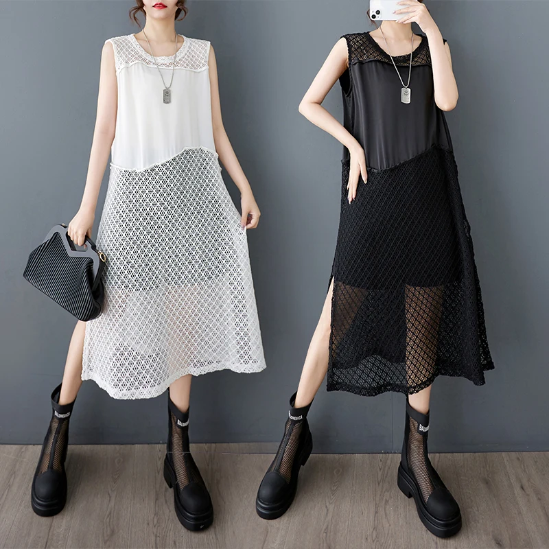 

Summer New Loose Design Hollow out Me Splice Side Slit Midi Svel Dr Comfortable Breathable Polyester Fiber