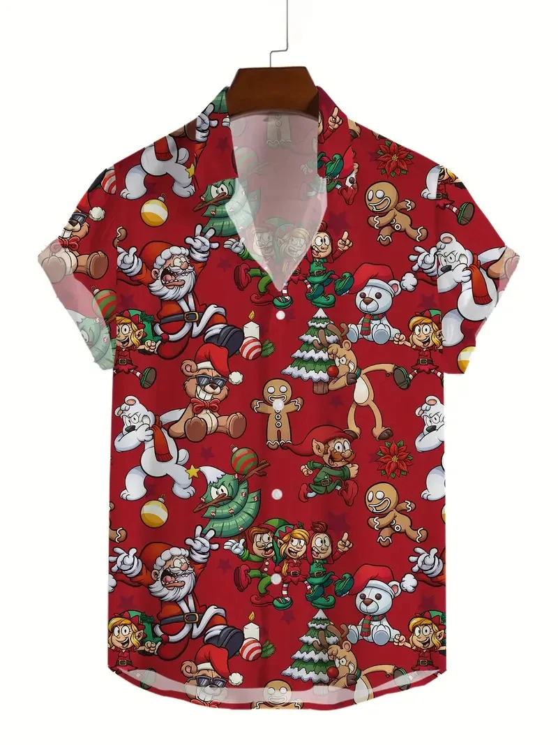 2025 Camisa hawaiana de surf de Papá Noel Camisas de dibujos animados de moda unisex Blusa de manga corta Tops festivos de Navidad para vacaciones