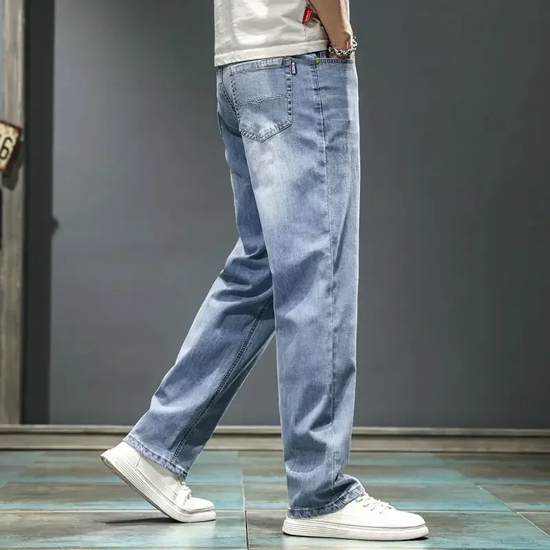 

Stretch Trousers Baggy Straight Men's Jeans Elastic Light Blue Loose Male Cowboy Pants Grunge Y2k Korean Style Vintage Soft Kpop