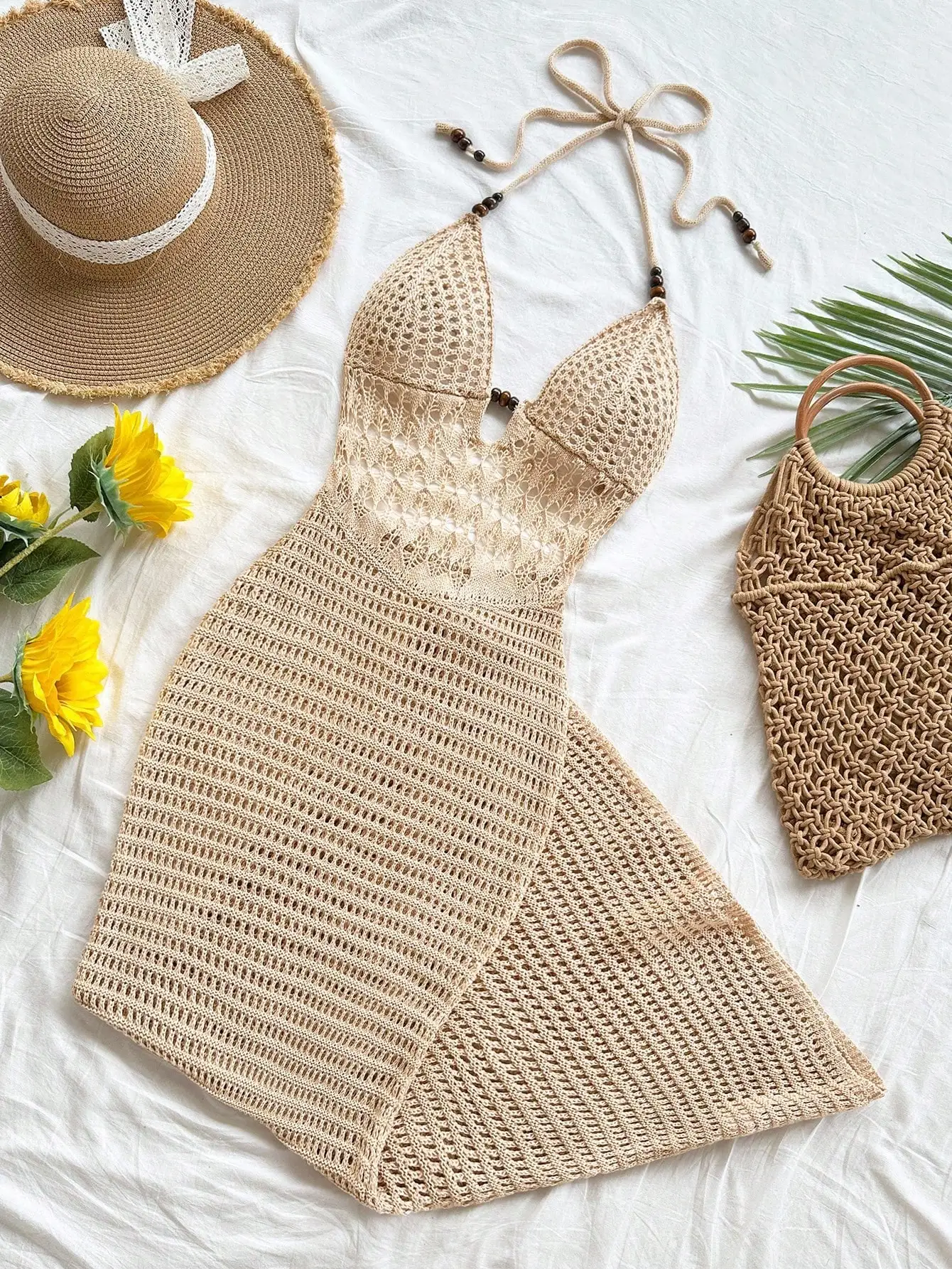 

Beige Crochet Halter Maxi Dress with Backless Design for Summer Beach Wear