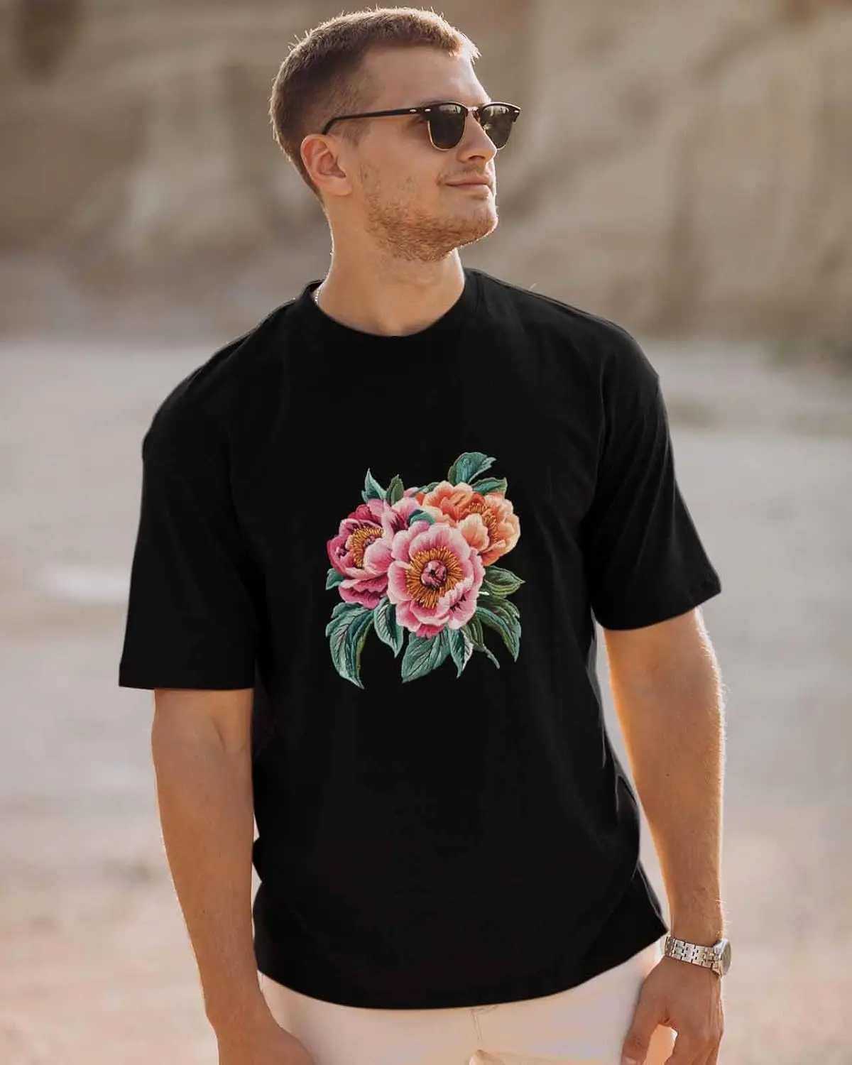 Men's T-Shirt, Novelty Graphic T-Shirt Peony Flowers Embroidered Cotton Crew Neck Men's Short Sleeve Basic Tshirts Black-L