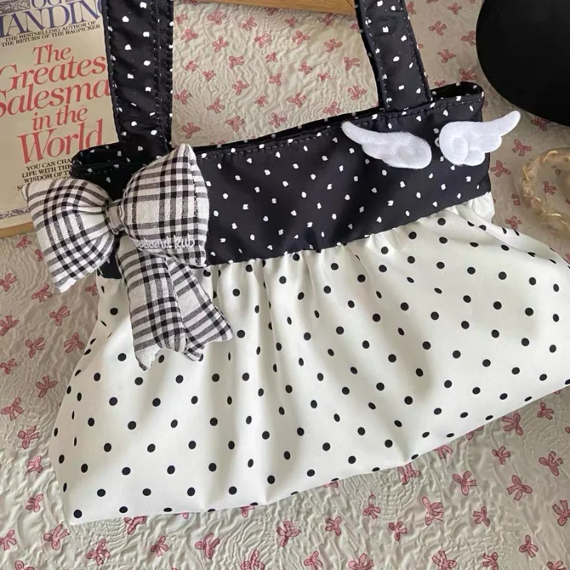 Koreanische Polka Dot Umhängetasche Niedliche Schleife Engelsflügel Design Handtasche Damenmode Pendeln Einkaufstasche Retro Kontrast Einkaufstasche – Detail 7