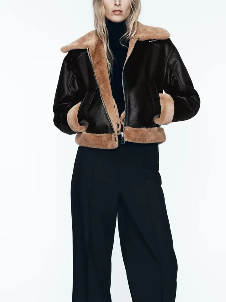 

Новая зимняя женская одежда в европейском и американском стиле 2025 года, модная двусторонняя короткая кожаная куртка с лацканами.