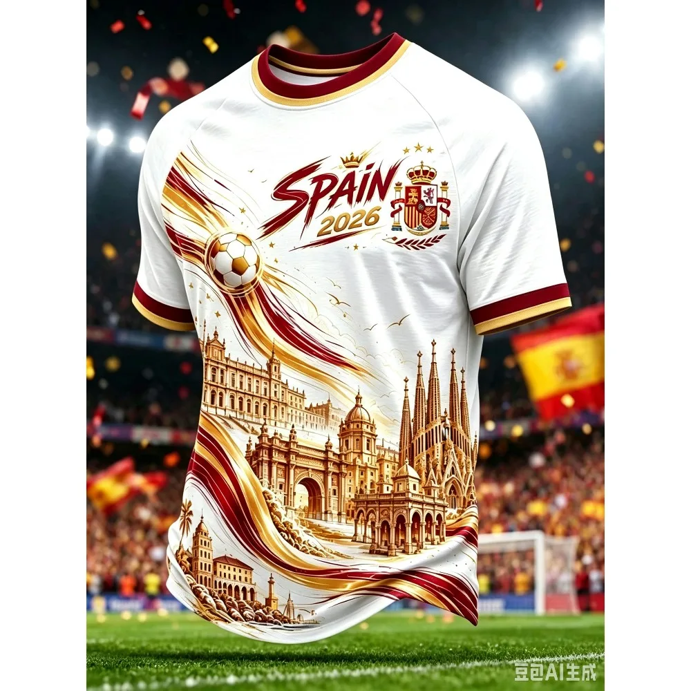 2026 Unisex Spain Fan Soccer Jersey City Background Pattern Printed T-shirt Casual Breathable Fashion Sports Short Sleeve Tops