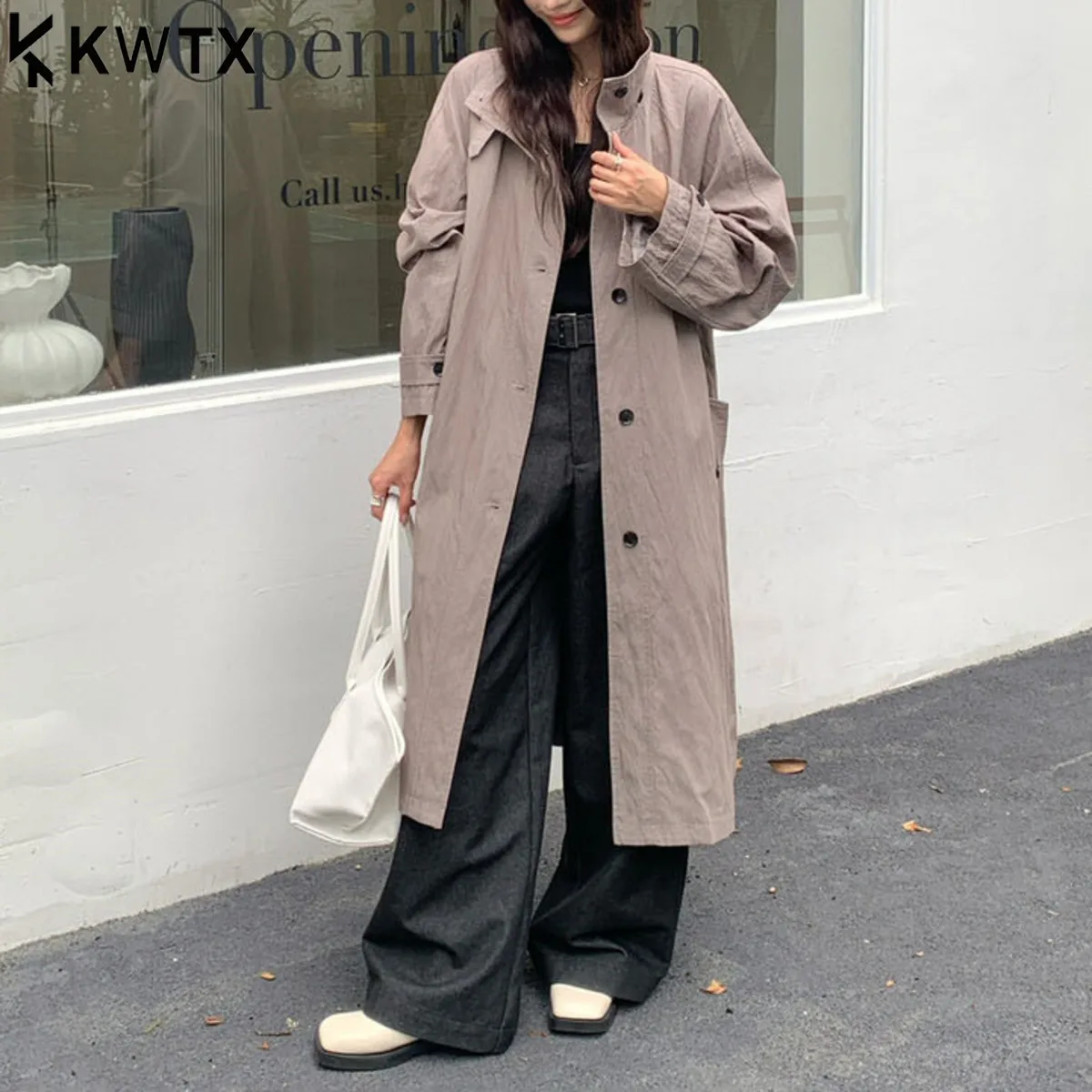

KWTX Elegant Stand Collar Long Trench Coat Women- Textured Loose Fit Overcoat,Minimalist Comfortable Office Wear,Chic Outerwear