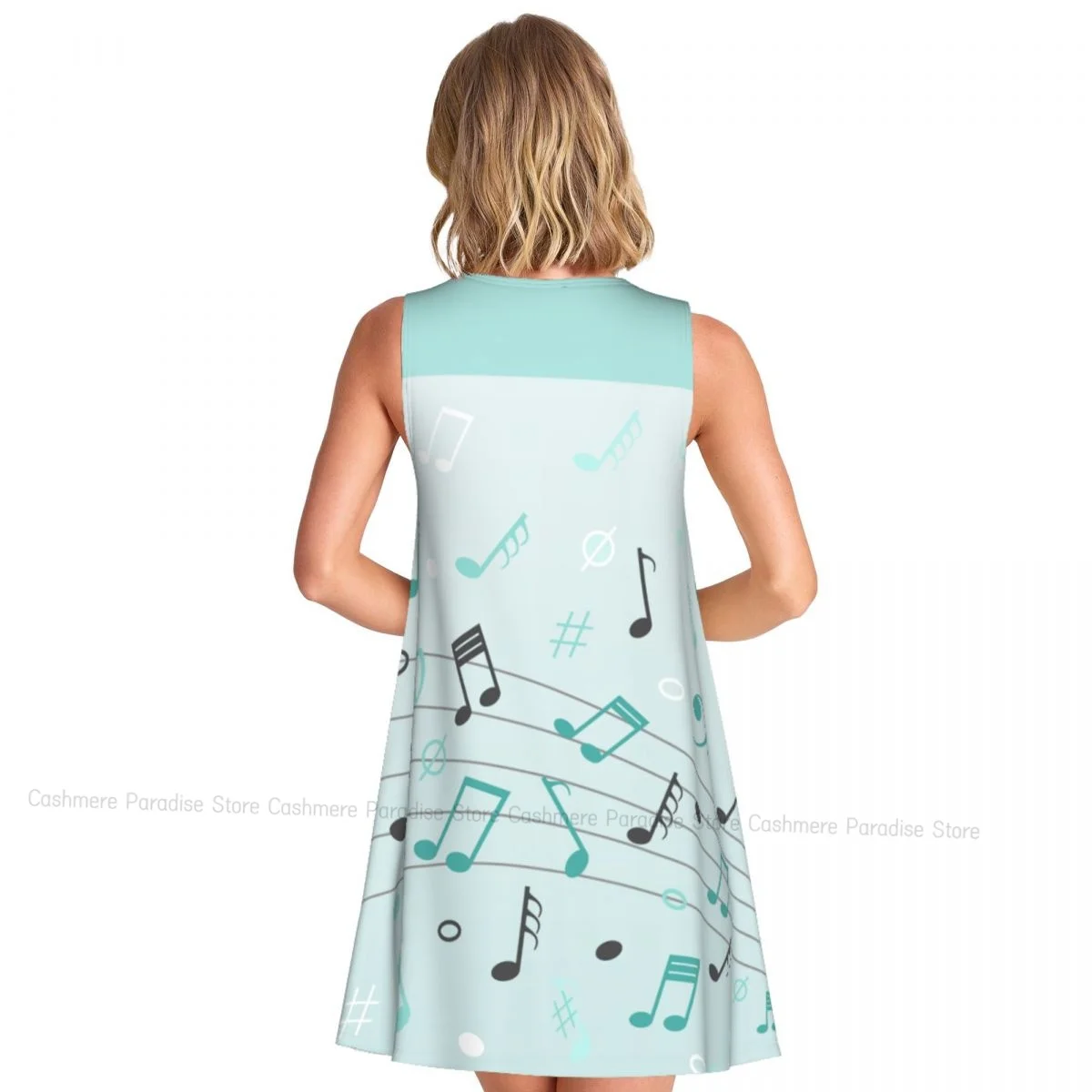 여성 캐주얼 무릎 여성 드레스 음악 노트 O 넥 민소매 위 드레스