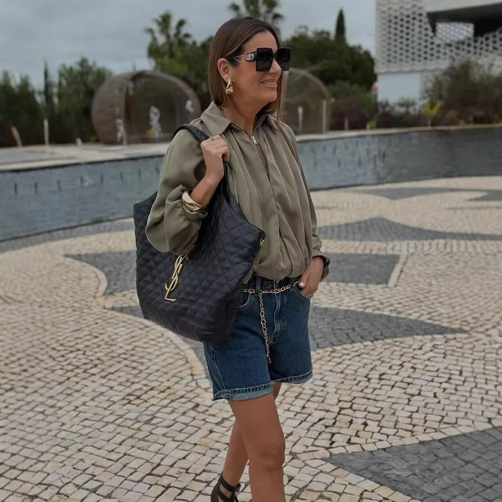 Fashion Puffy Aviator Jacket Zipper Bomber Jacket Long Sleeve Coats Spring Autumn Oversized Outerwear Design Tops Women Clothing