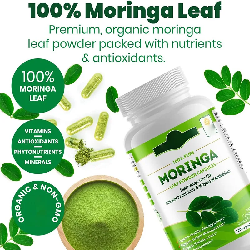 Cápsulas de polvo de hoja de Moringa Oleifera orgánicas puras, 500mg, sistema inmunológico y potenciador de energía, suplemento vegetariano antioxidante