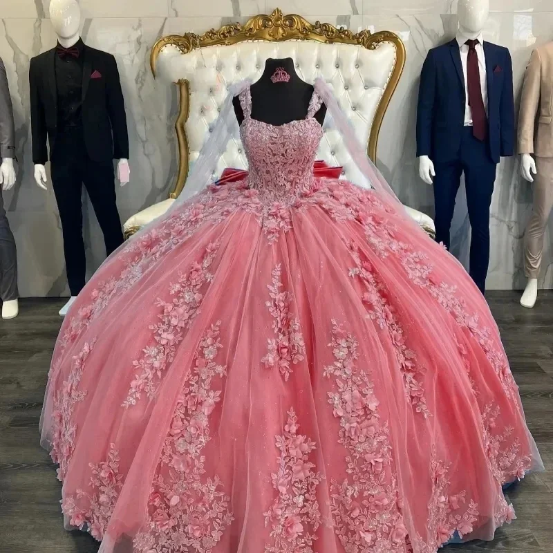 فساتين Quinceanera مخصصة لامعة ثلاثية الأبعاد على شكل زهور مع فيونكة كبيرة فيستدوس دي 15 أنوس فاخرة من الدانتيل لأعياد الميلاد