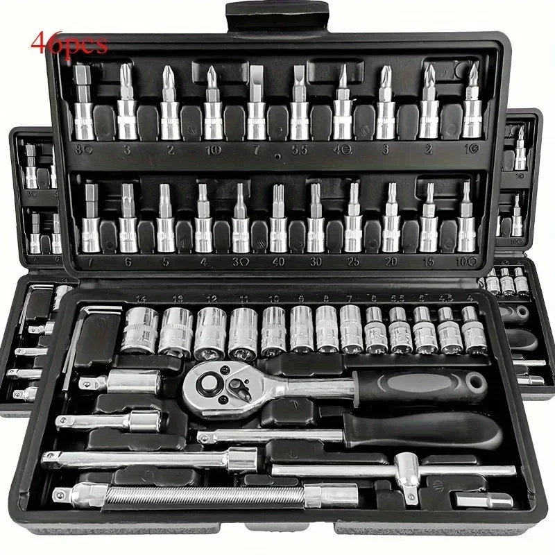 46pcs Automotive Mechanical Tool Kit - High Quality Ratchet Wrench and Matching Screwdriver Set - Ultra Portable