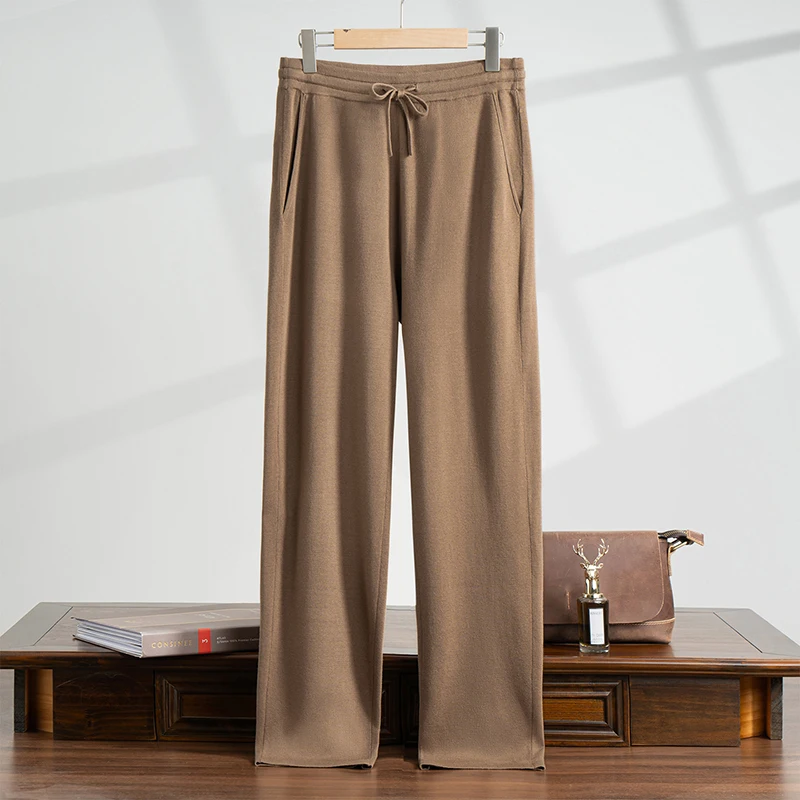 10% Cashmere 20% Wool 70% Mulberry Silk Knitted Pants Men Elastic Waisted Straight Leg Pants Spring Autumn Business Casual Pants
