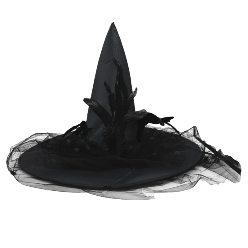 Chapeau pointu de plumes d'Halloween rétro, chapeau de sorcier, chapeau de carnaval en dentelle, chapeau de sorcière, accessoires de costume, faveur de fête