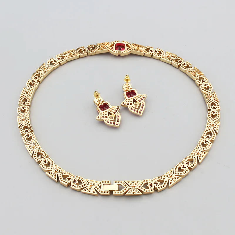 مجموعة مجوهرات مطلية بالزركون المكعب للنساء ، أقراط وقلادة مرصعة بالزركون ، سلسلة قلادة ، ترصيع باللون الأحمر ، لون ذهبي ، أسلوب مجموعة مصمم ، سيدة #6