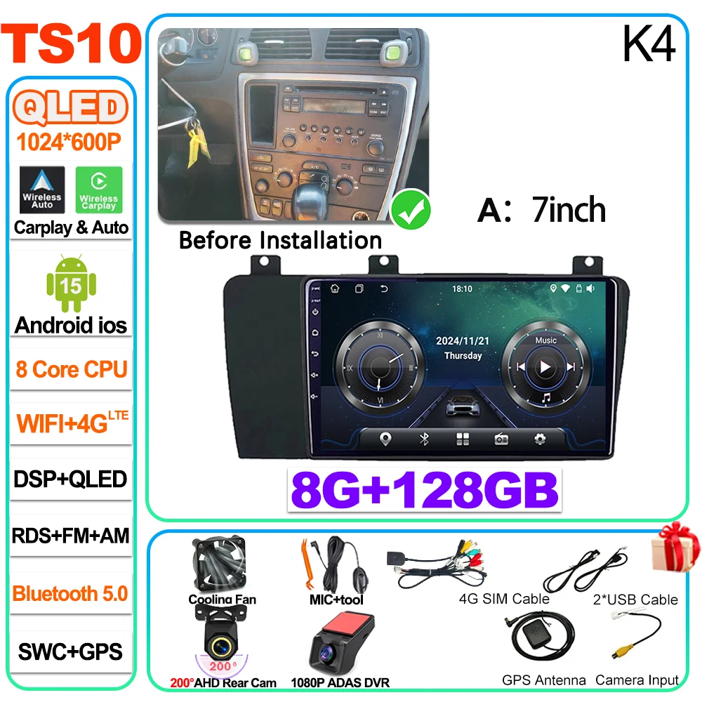Android 16 voor Volvo XC70 V70 S60 2004 2005 2006 2007 2008 2009 autoradio head unit Carplay Auto multimediaspeler touchscreen