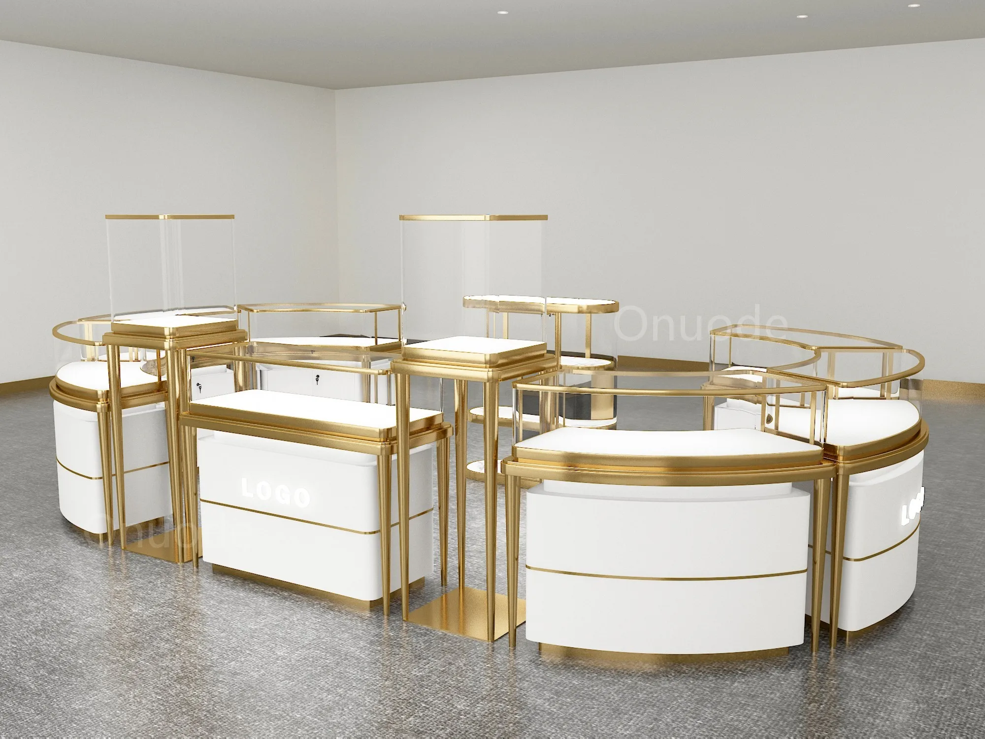 Custom.Luxuriöse Schmuckvitrinen aus gehärtetem Glas, Metall-MDF für Einzelhandelsgeschäfte und Einkaufszentren, Schmuckkiosk