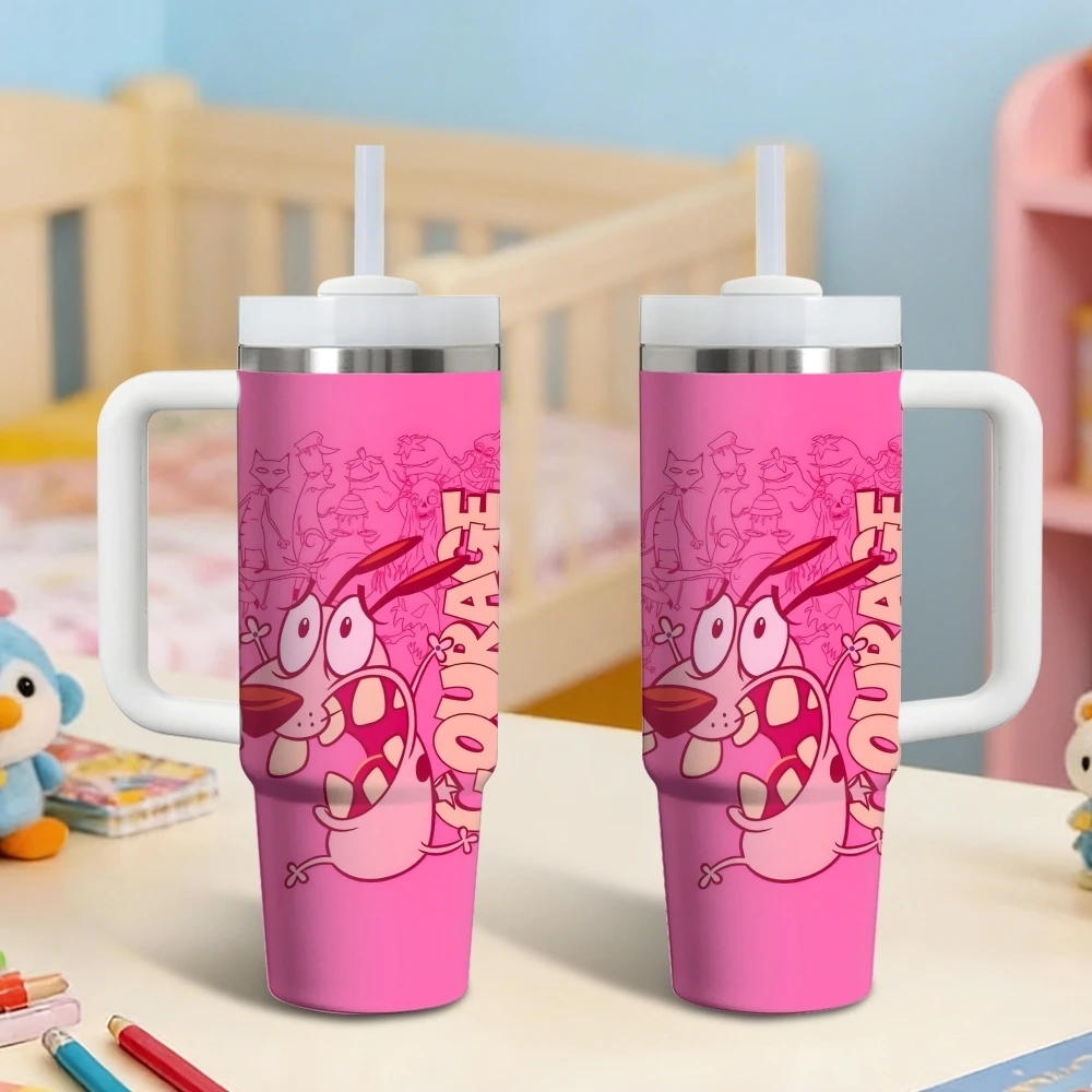 Termo de acero inoxidable de 40 oz con diseño de C-Courage el Perro Cobarde, con asa y pajita, aislado, a prueba de fugas, taza de viaje