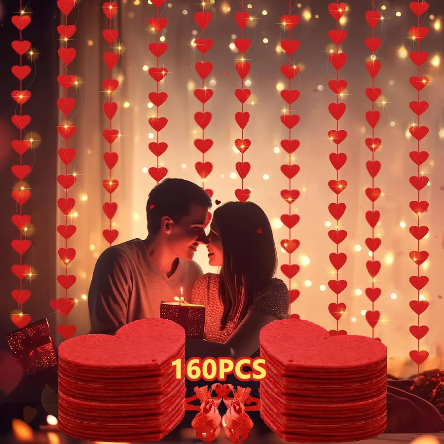 20-160pcs Red Hearts Felt Garland Valentines Day Heart Hanging String Garland for Wedding Anniversary Birthday Party Supplies