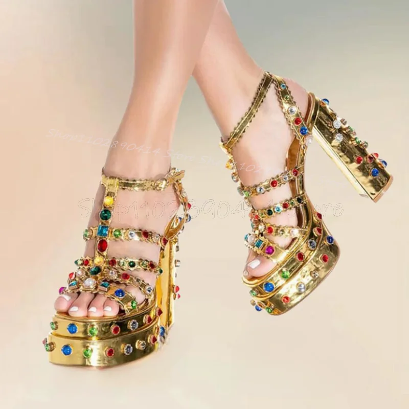 

Colorful Jewel Gold Open Toe Platform Sandals Ankle Buckle Strap Women Shoes Chunky High Heels Fashion 2024 Zapatos Para Mujere