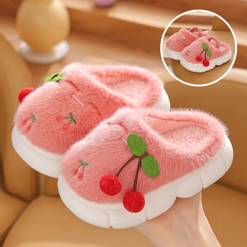 

Cute Cartoon Fruit Comfort Thick Bottom Indoor Slippers Children 2025 Winter Soft Fluffy Fur Non Slip Home Slippers Child Slides