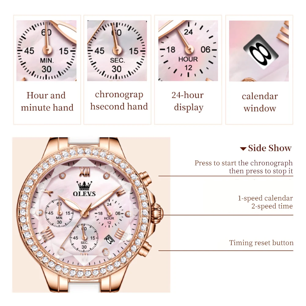 OLEVS Diamond Quartz Watch for Women Luxury Elegant Ceramics Strap Rhombic Mirror Ladies Wristwatch Waterproof Chronograph Watch