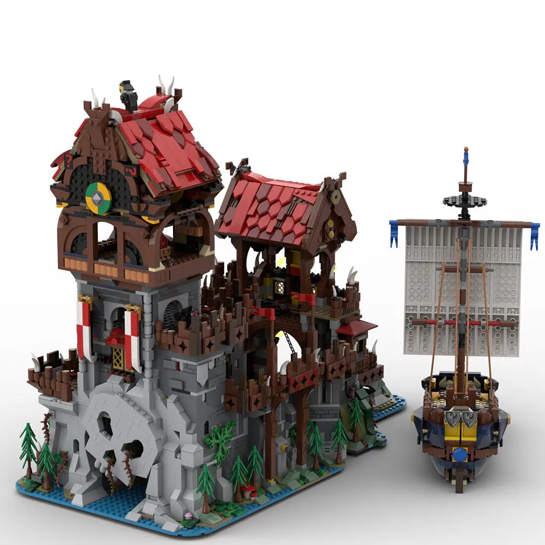 Torre medievale con castello Gatehouse e nave serpente marino 4916 pezzi MOC