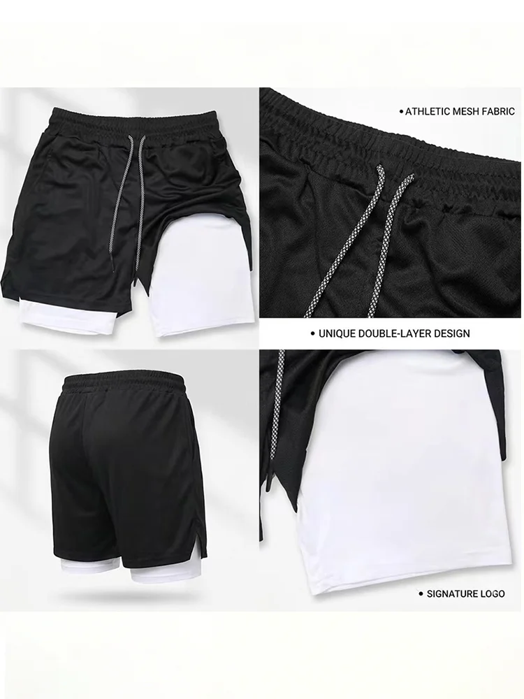 Herren 2-in-1 Gym-Shorts, schnell trocknend, doppellagig, mit Kompressionsfutter, Sommer-Lauf-, Fitness- und Trainings-Sportshorts W360 – Detail 7