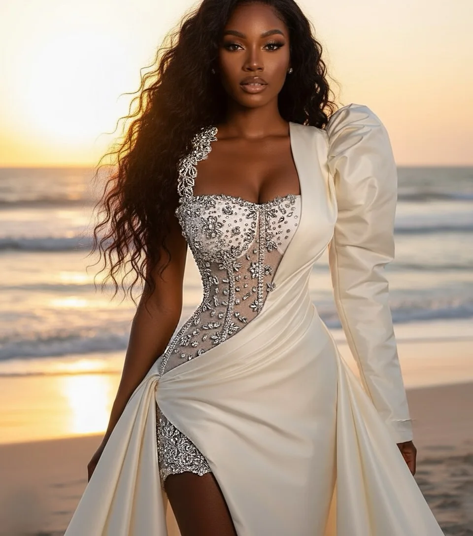 ชุดราตรีสีขาวประดับเลื่อมหรูหรา แขนข้างเดียว ชายกระโปรงยาว ผ่าสูง ชุดราตรีคริสตัลสำหรับงานพรอม ชุดแต่งงานไฮโลว์ 2025