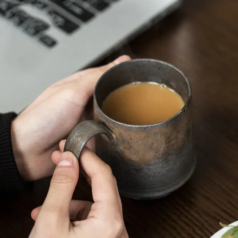 Handmade Japanese Retro Coarse Pottery Coffee Mug Gold Inlaid Industrial Style Creative Dual Use Cup For Tea Latte Art