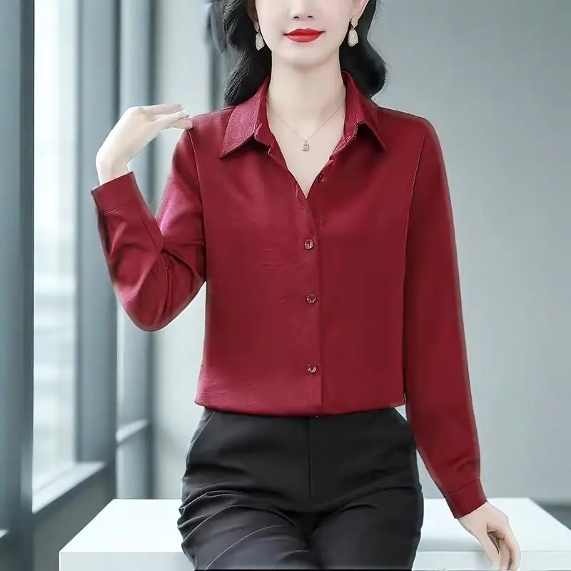 

2025 Summer Autumn Long Sleeve Satin Blouse Basic Shirt Chic Texture Folds Casual Female Tops Elegant All-Match Female Clothes