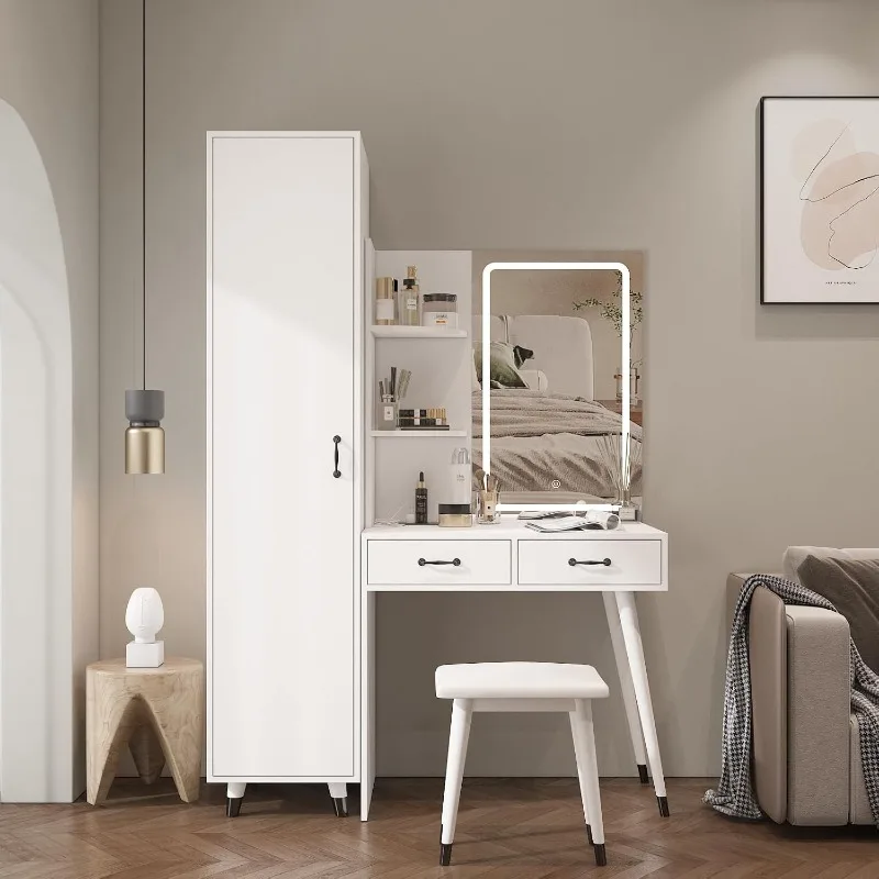 

Vanity Desk with Mirror and Lights Makeup Vanity Table Set with Charging Station White Desk with Small Wardrobe, 2 Dra