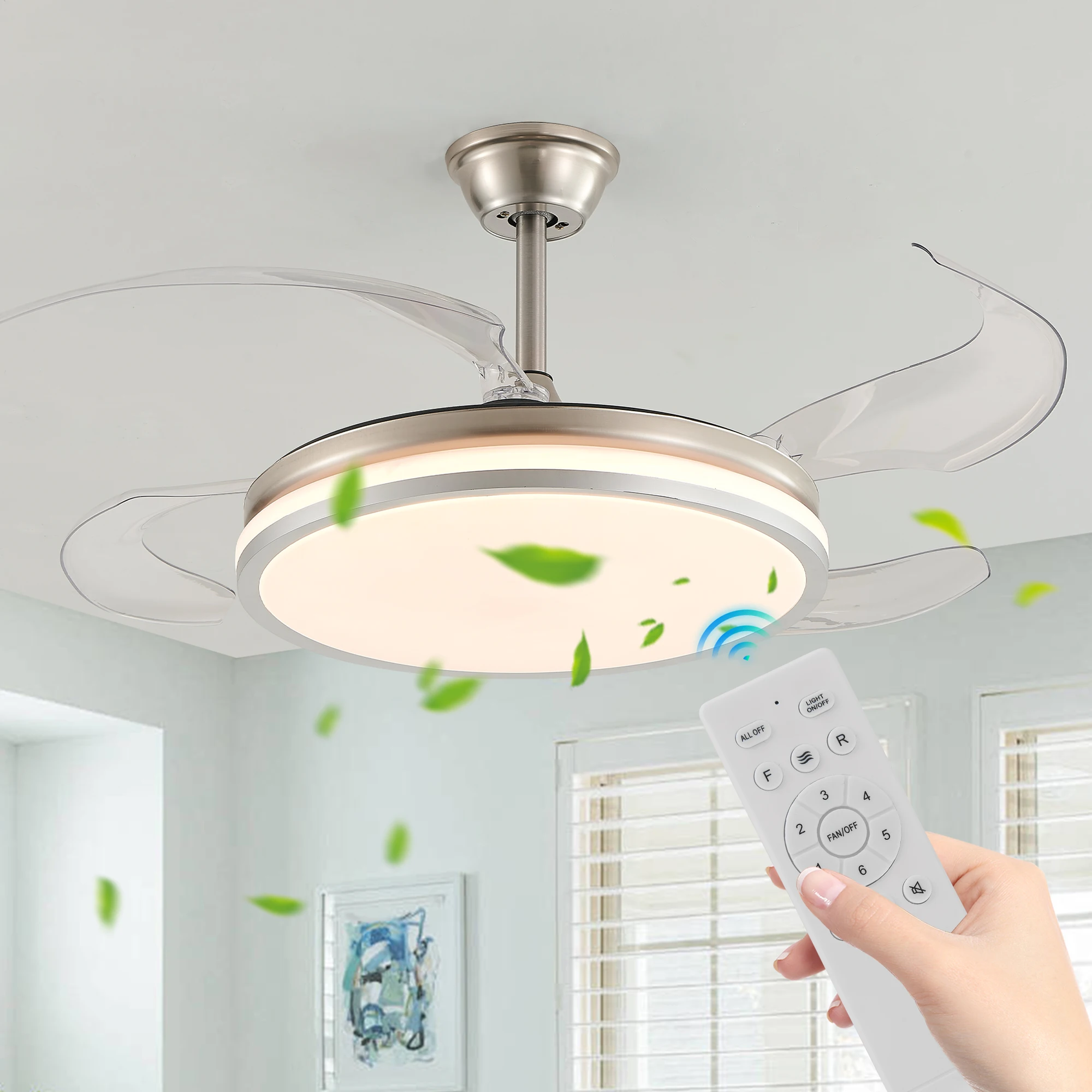 

42 Inch 2 Layer Design Modern LED Ceiling Fan Light with Remote Control Retractable Blades Adjustable Speed Silent Operation