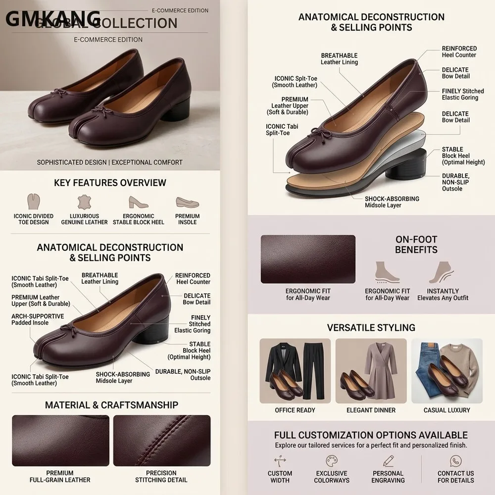 Tabi Ballerina Pumps Leather Split-Toe Heel Shoes Women's Slip-On Classic Ballet Flats Comfortable Walking Shoes