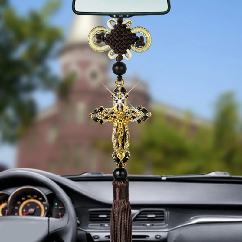 Fashion Car Pendant Metal Diamond Tassel Cross Jesus Christian Religious Rearview Mirror Hanging Ornaments Interior Decoration