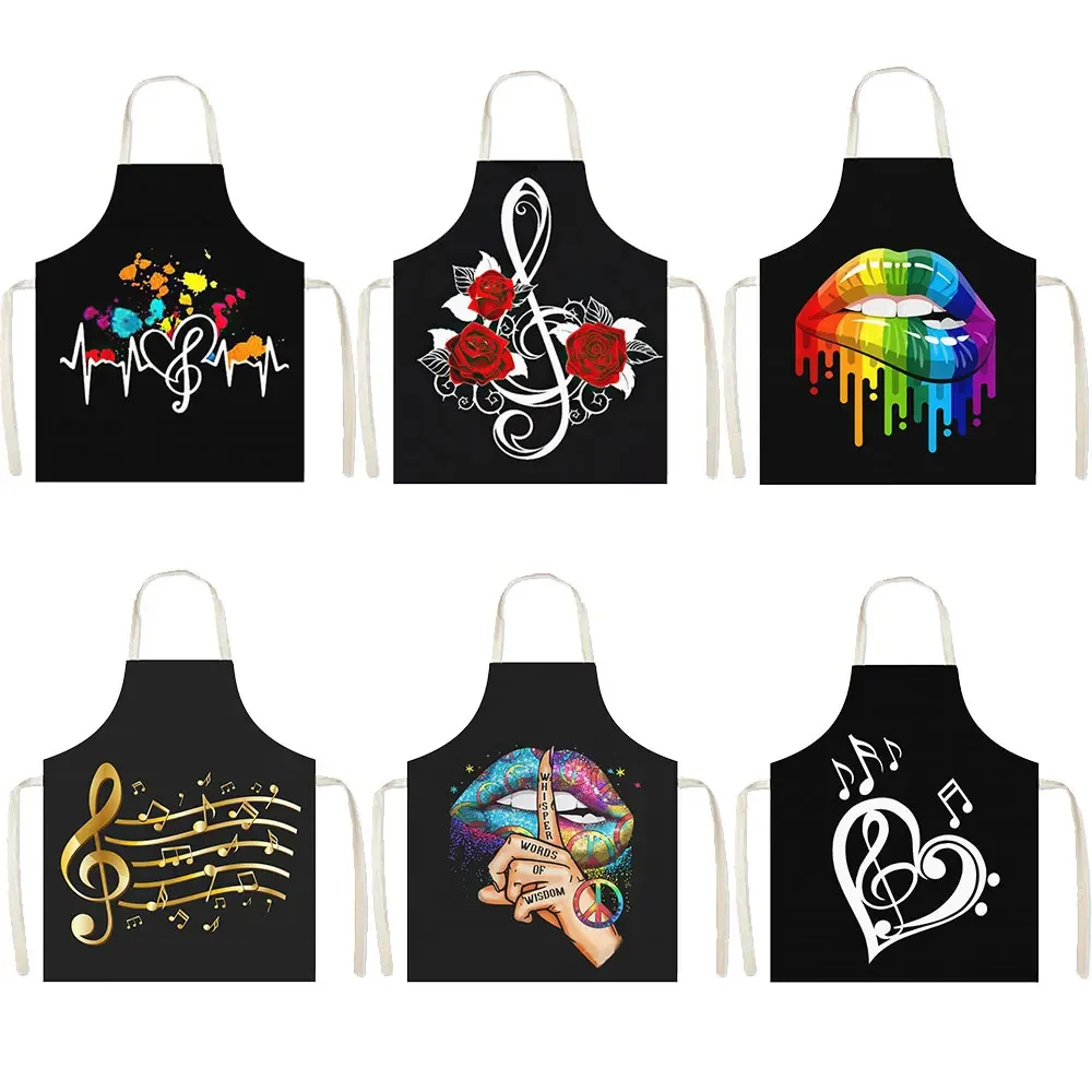 Music Rose Note Print Cooking Aprons Women Nice Lips Household Cleaning Clothing Baking Barber Chef Waiter Kitchen Apron