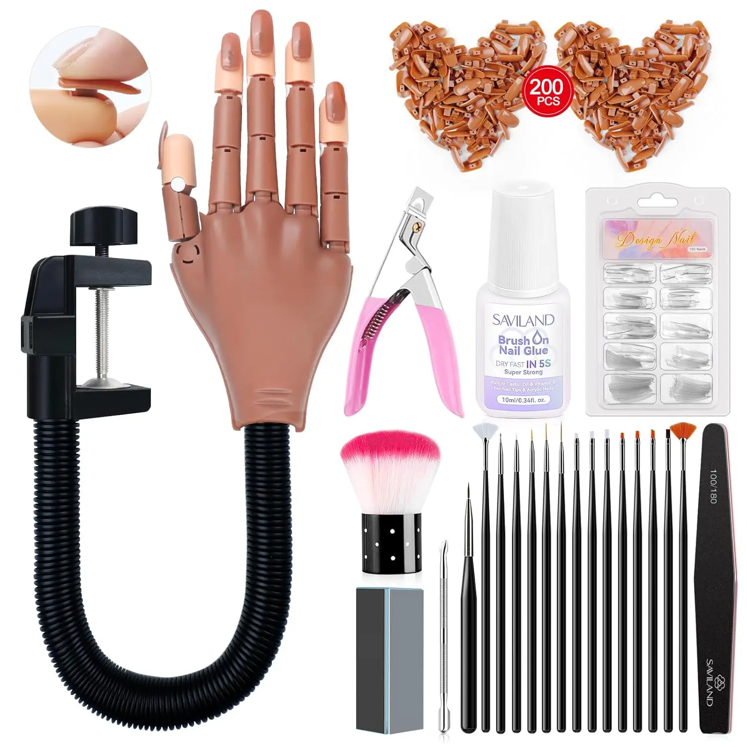 

Flexible Movable Nail Practice Hand Kit with 200 Tips, Glue, Brush & Clipper for Beginners
