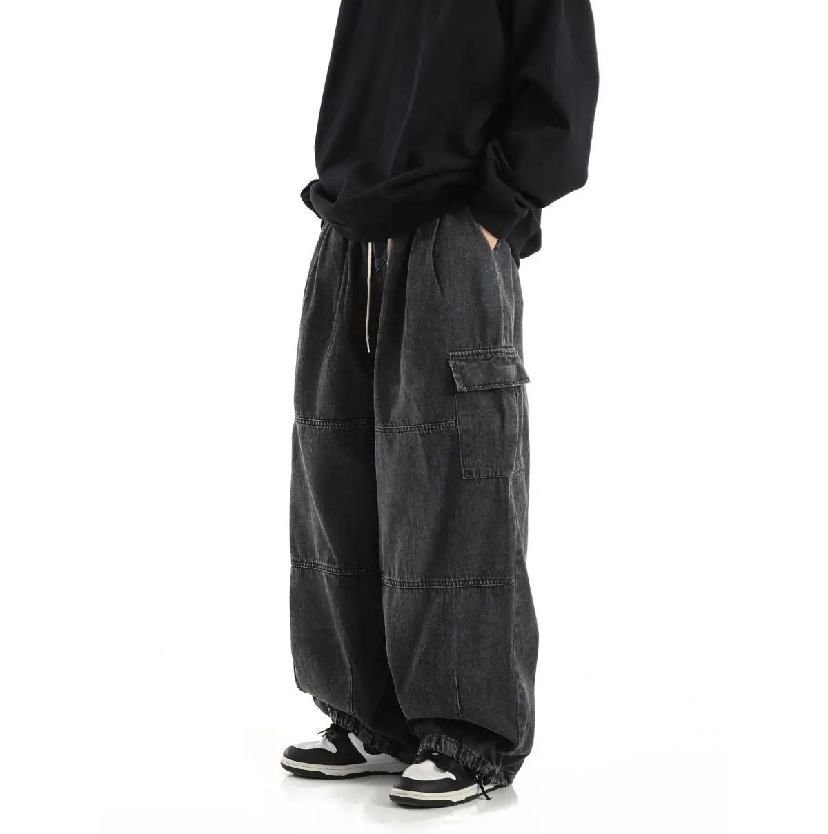 Schwarze Baggy-Cargohose für Herren, lässig, weites Bein, Jogginghose, Übergröße, Vintage, gerade, lockere Arbeitsjeanshose, weicher Komfort – Detail 13
